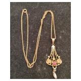 Gold Art Nouveau necklace and pendant marked 10K