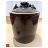 Brown Stoneware Jug with Wire Bale and Wood