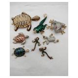 Turtle and frog brooches