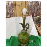 Hobnail Glass and Brass Lamp Green
