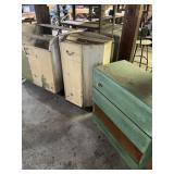 Two metal shop cabinets and one wooden shop