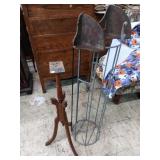 Wood stand, small shelf & Rubbermaid metal basket