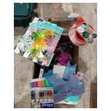 Glitter glue, buttons, gift boxes, party favors
