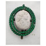 Depose France cameo green rhinestone brooch