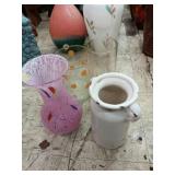 4 ceramic & glass vases 1 pink 11", 1 white 10",