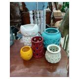 Ceramic candle holders, 1 is an owl. Teal, red,