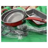 Pioneer red speckled enamelware meatloaf, chicken