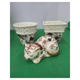 2 Planters and Sleeping Cat Decor