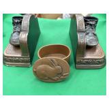 Bronzed Baby Shoe bookends and Rabbit trinket box