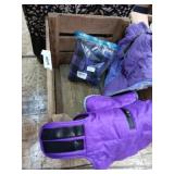 17"x14" wood crate with 3 small purple dog coats