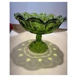 L.E. Smith Moon and Stars Green Glass Compote