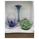 Glass art basket, vase, & marked candle holders