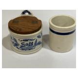 Pair of stoneware saltcellars, one has crack