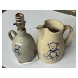 Blue text stoneware lamp & matching 8" pitcher