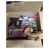 Box of assorted tools: ratchet set, hammer,