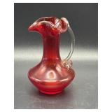 5" red hand-blown ruffled glass pitcher w/ clear
