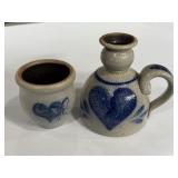 Rowe Pottery cobalt blue heart 3.5" jar and 5"