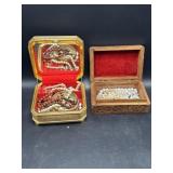 Metal & wooden hinge boxes with jewelry contents