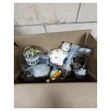 Box of assorted cat figurines and cat-related