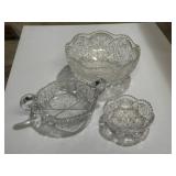 Pressed glass serving bowl, handled nappy dish, &