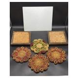 Glass cutting board, JA Co. wood trivets, wicker