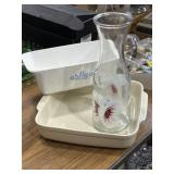 Corning ware and stoneware oven dishes, glass