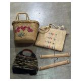 vintage woven raffia tote purses, purse hangers
