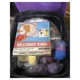 Tote of different colors, styles, brands of yarn,