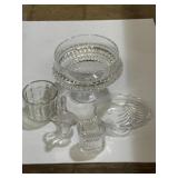 Clear glass basket, dishes, footed centerpiece