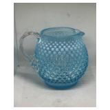 Fenton Blue Opalescent Hobnail squat pitcher