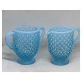 Fenton Blue Opalescent Hobnail sugar & creamer