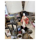 2 glass, etched table, lamps, owl, figurine,