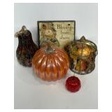 Glass pear 12", pumpkins, faux fruit, slate fall