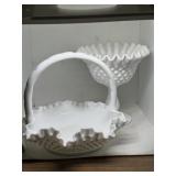 Fenton hobnail milk glass ruffled edge basket &