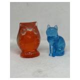 Lefton art glass owl paperweight & Mosser blue