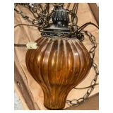 Swag lamp w/amber-colored glass globe & metal