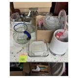 Glass pitchers, dishes, ovenware, table decor and
