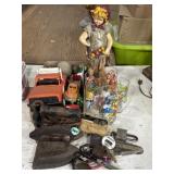 Old irons, padlocks, toy cars, Muppet tumblers