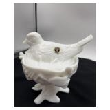 Westmoreland milk glass bird on a nest pedestal