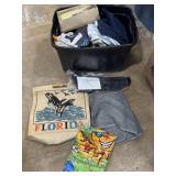 Tote of mixed clothes, shoes, work gloves, new