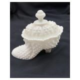Fenton milk glass shoe with lid 6 inches long by