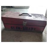 Red metal toolbox with tools ( lid comes off)