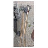 Garden tools rakes and hoe