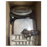 Pie pans, wooden shakers, vintage ice cube tray,