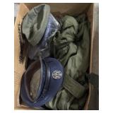 Mix of military hats, trench coat