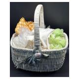 Basket of fabric, remnants, hot pads, and more