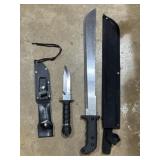 machete and hunting knives w/ sheaths 6" and 18"