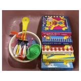 Tub of mini toy kitchen tools & Wendell