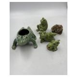 Five frogs one soap, dish or planter, salt, and