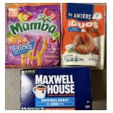 1 Mamba candy, 1 Planters Duos, 1 Maxwell House